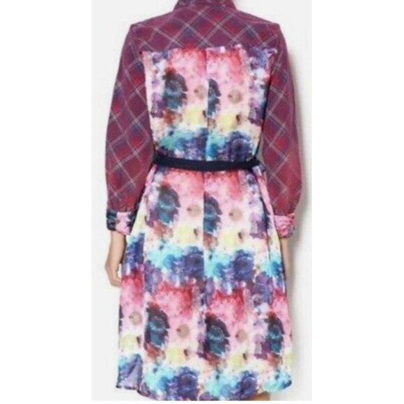 Aratta Silent Journey Burgundy Ombre Plaid Floral Back Shirt Dress S - Picture 2 of 8